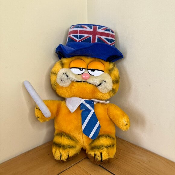 Garfield Plush Stuffed Toy UK Union Jack Hat & Neck Tie Vintage 1981 Dakin - Picture 1 of 9